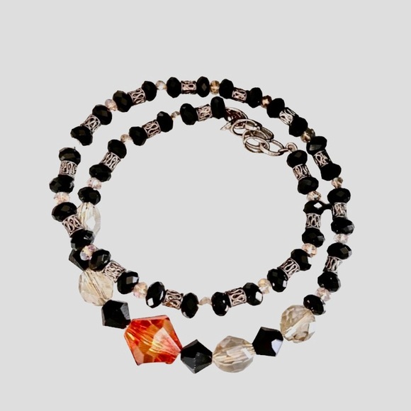 Artesian Memory Wire Wrap Bracelet Black Clear Orange Glass Bead Womans Jewelry - Picture 3 of 7